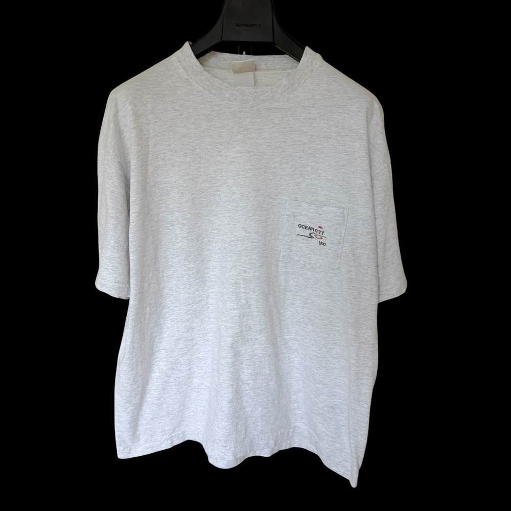 90's White Carolina Whale Ocean City MD Pocket T-Shirt Gray Short Sleeve L